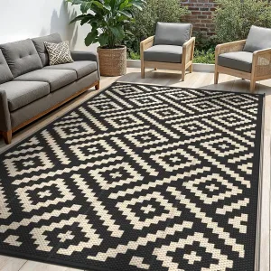 Outdoor Rug for Patio - Waterproof Plastic Straw Camping Rugs 4x6 ft, Reversible Outdoor Indoor RV Mat Carpet for Patio, Porch, Deck, Balcony, Picnic, Beach, Black Beige