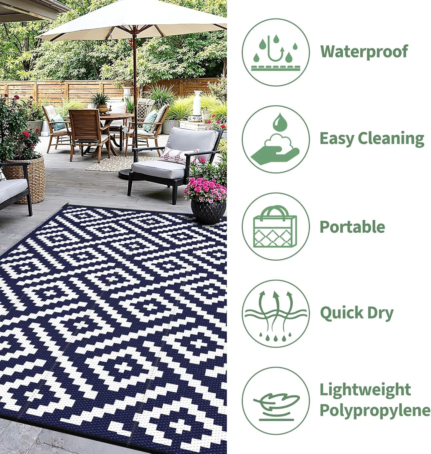 Outdoor Rug for Patio - Waterproof Plastic Straw Camping Rugs 6x9 ft, Reversible Outdoor Indoor RV Mat Carpet for Patio, Porch, Deck, Balcony, Picnic, Beach, Blue White