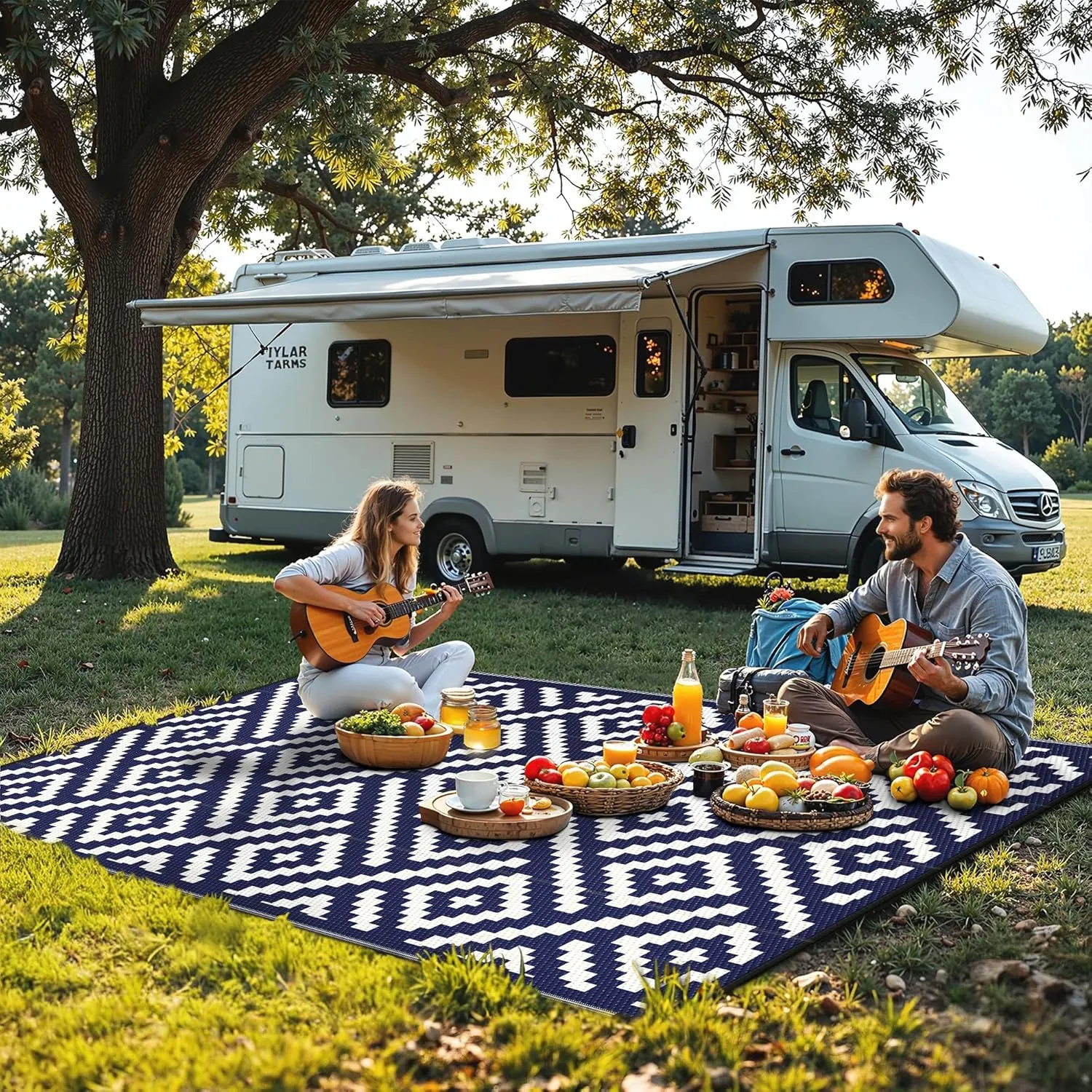 Outdoor Rug for Patio - Waterproof Plastic Straw Camping Rugs 6x9 ft, Reversible Outdoor Indoor RV Mat Carpet for Patio, Porch, Deck, Balcony, Picnic, Beach, Blue White