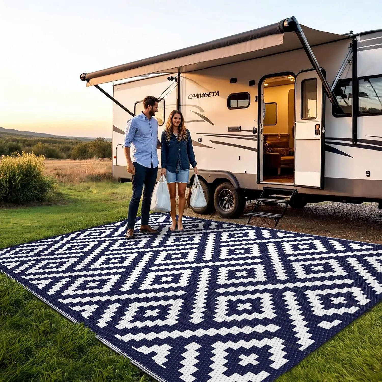 Outdoor Rug for Patio - Waterproof Plastic Straw Camping Rugs 6x9 ft, Reversible Outdoor Indoor RV Mat Carpet for Patio, Porch, Deck, Balcony, Picnic, Beach, Blue White