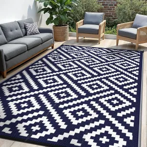 Outdoor Rug for Patio - Waterproof Plastic Straw Camping Rugs 6x9 ft, Reversible Outdoor Indoor RV Mat Carpet for Patio, Porch, Deck, Balcony, Picnic, Beach, Blue White