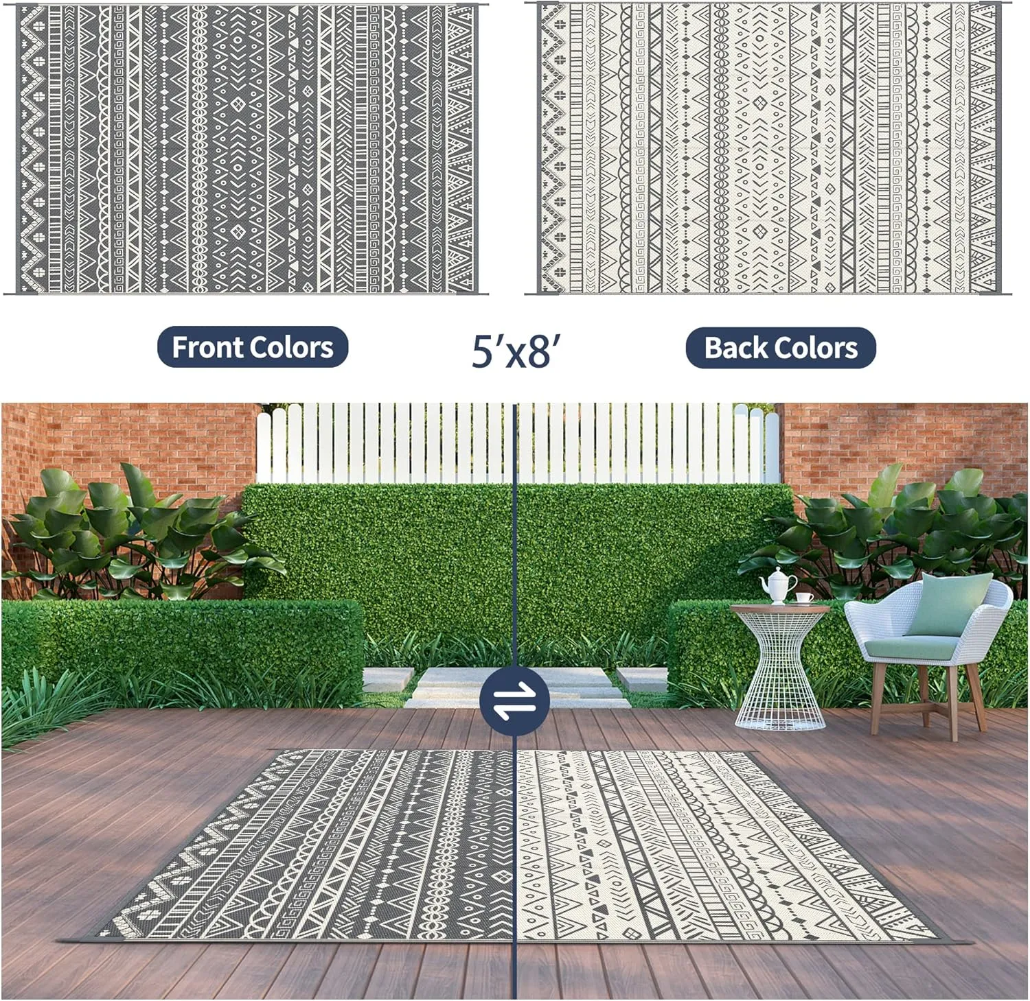 Outdoor Rug Waterproof 5'x8' for Patio Clearance, Reversible Camping Mat, Outside Plastic Straw Area Rugs for Rv, Camper, Balcony, Backyard, Picnic, Deck, Grey&White
