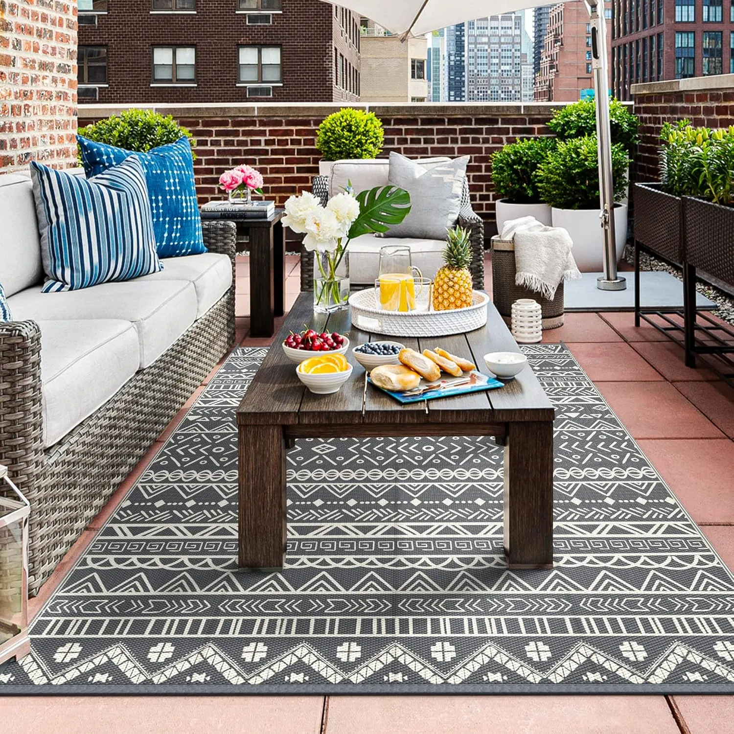Outdoor Rug Waterproof 5'x8' for Patio Clearance, Reversible Camping Mat, Outside Plastic Straw Area Rugs for Rv, Camper, Balcony, Backyard, Picnic, Deck, Grey&White