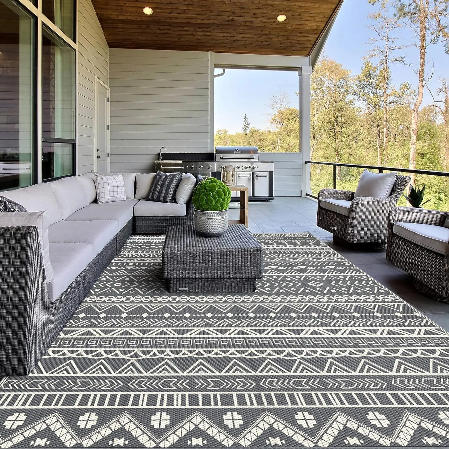 Outdoor Rug Waterproof 5'x8' for Patio Clearance, Reversible Camping Mat, Outside Plastic Straw Area Rugs for Rv, Camper, Balcony, Backyard, Picnic, Deck, Grey&White
