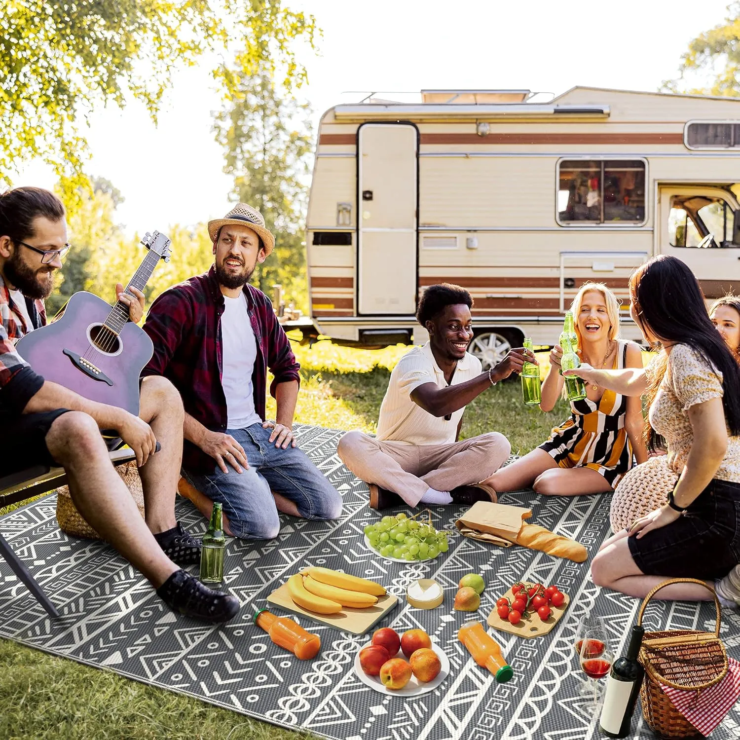 Outdoor Rug Waterproof 5'x8' for Patio Clearance, Reversible Camping Mat, Outside Plastic Straw Area Rugs for Rv, Camper, Balcony, Backyard, Picnic, Deck, Grey&White