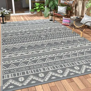 Outdoor Rug Waterproof 5'x8' for Patio Clearance, Reversible Camping Mat, Outside Plastic Straw Area Rugs for Rv, Camper, Balcony, Backyard, Picnic, Deck, Grey&White