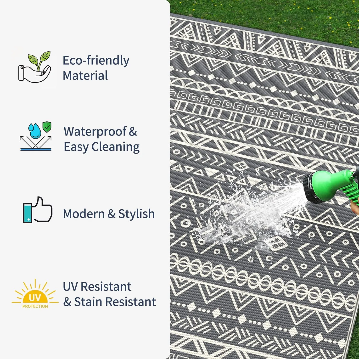 Outdoor Rug Waterproof 5'x8' for Patio Clearance, Reversible Camping Mat, Outside Plastic Straw Area Rugs for Rv, Camper, Balcony, Backyard, Picnic, Deck, Grey&White