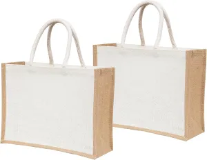 Pack of 2 White Jute Burlap Tote Bags with Handles, Natural Eco-Friendly Reusable Grocery and Return Gifts Bag, Totes for Bridesmaids, Yogi's Gift®