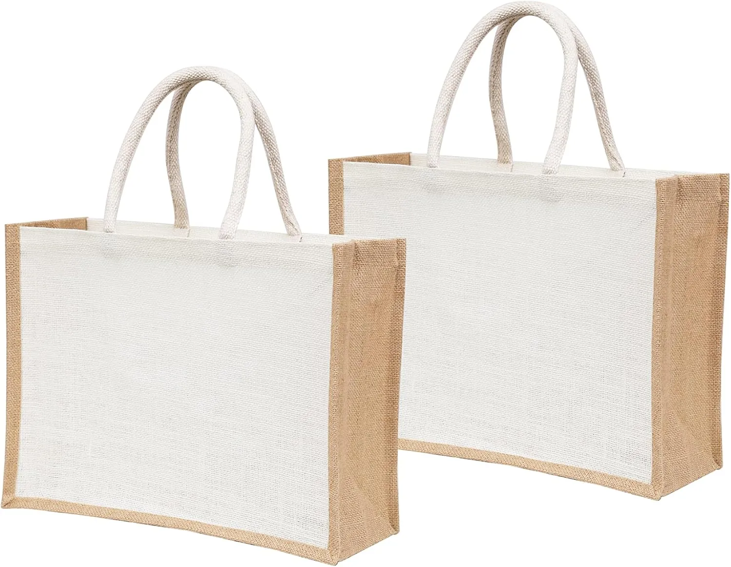 Pack of 2 White Jute Burlap Tote Bags with Handles, Natural Eco-Friendly Reusable Grocery and Return Gifts Bag, Totes for Bridesmaids, Yogi's Gift®