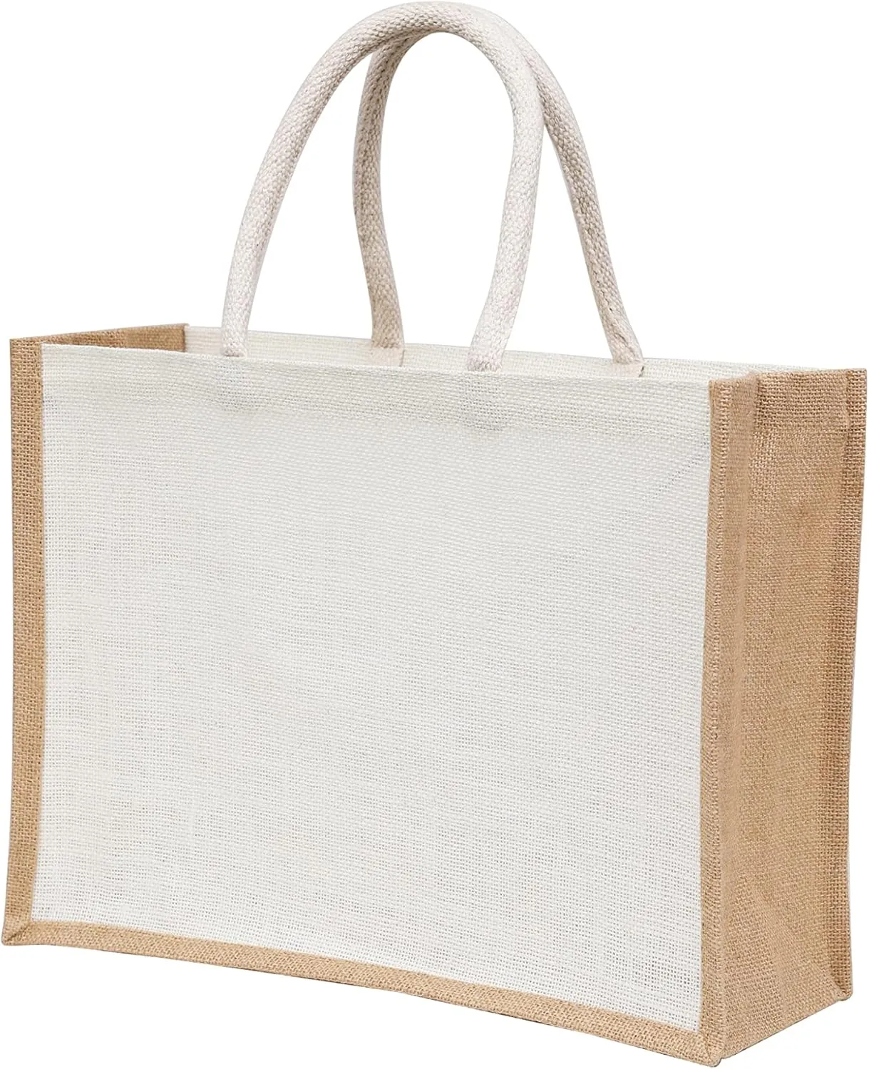 Pack of 2 White Jute Burlap Tote Bags with Handles, Natural Eco-Friendly Reusable Grocery and Return Gifts Bag, Totes for Bridesmaids, Yogi's Gift®