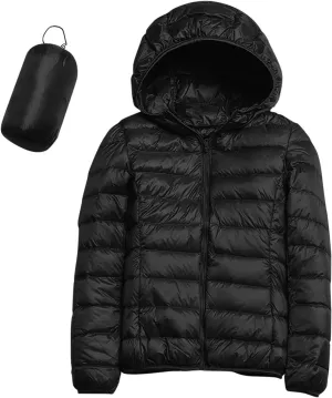 Packable Down Jacket for Women Lightweight Winter Duck Down Jackets Slim Fit Bubble Coat Zipper Warm Puffer Jacket with Hood