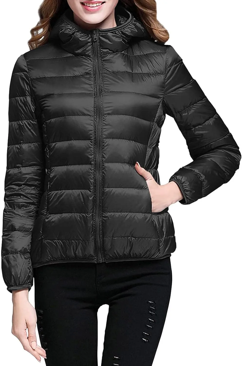 Packable Down Jacket for Women Lightweight Winter Duck Down Jackets Slim Fit Bubble Coat Zipper Warm Puffer Jacket with Hood