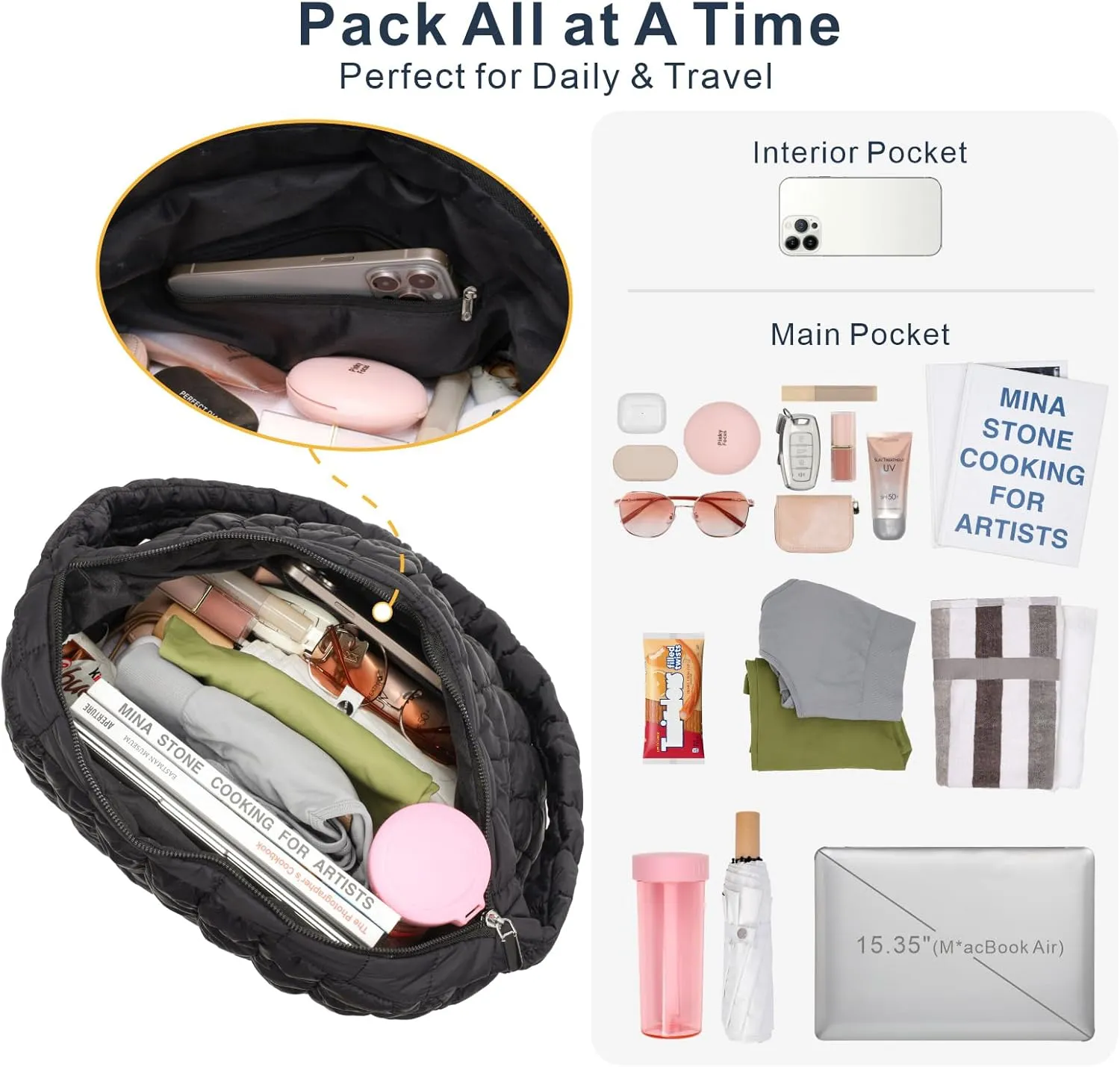 PACKISM Puffer Crossbody Bags for Women - Large Carryall Puffy Quilted Tote Bag Lightweight Bubble Soft Shoulder Purse