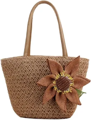 Pastoral Straw Bag Hemp Flower Woven Bag Women Beach Bags Summer Sunflower Shoulder Bag Handles Handbag Tote Zipper, One Color, One Size
