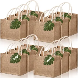 Paterr 12 Pcs Burlap Jute Tote Bags Small Bachelorette Gifts Bags with Handles Tissue Paper Monstera Leaves Tags Bridesmaid Treat Goodie Candy Tote for Wedding Party Favors(Small)