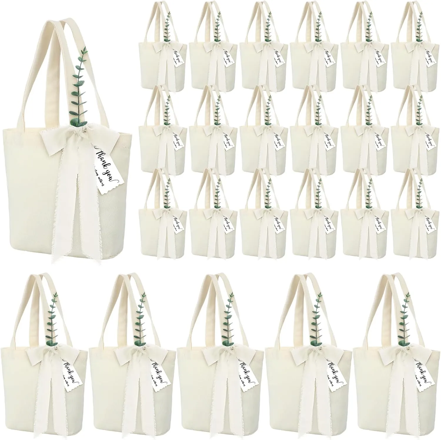 Paterr 75 Pcs 24 Sets Wedding Welcome Bags Bulk for Guests with Handle Reusable Canvas Gift Bags with Chiffon Ribbon Eucalyptus Stems Cards for Wedding Baby Shower Party Favor