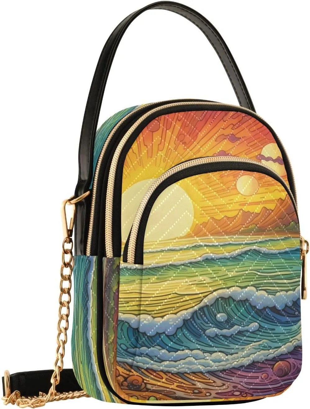 Pattern Exotic Sea Shore Crossbody Shoulder Bags for Women, Compact Fashion Sling Bag with Chain Strap Top handle for Evening Party Dating Travel