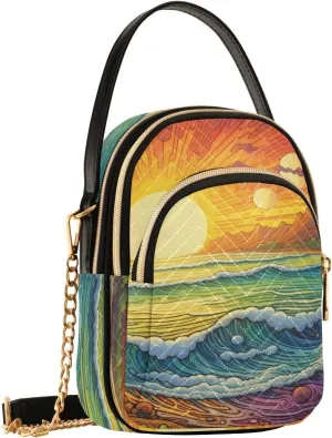 Pattern Exotic Sea Shore Crossbody Shoulder Bags for Women, Compact Fashion Sling Bag with Chain Strap Top handle for Evening Party Dating Travel