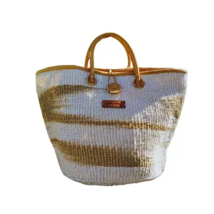 Peace Life Sisal Tote Basket Tote, Lightweight Market Basket with Leather Strap Handles and Button Closure, Large Straw Purse Perfect for Travel, Handmade Summer Tote Handbag for Women