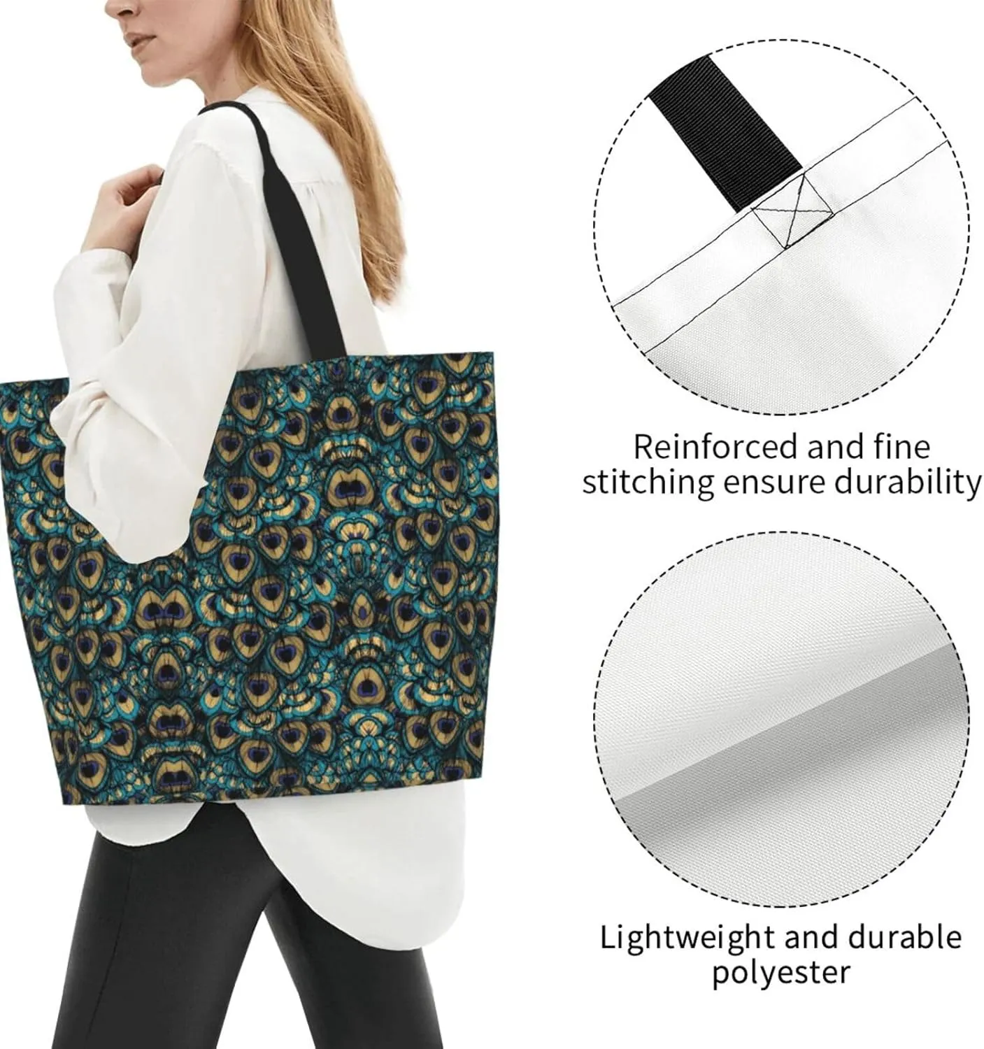 Peacock Canvas Tote Bag Womens Shoulder Bag Handbag Casual Grocery Bags Feather Bag for Outdoor