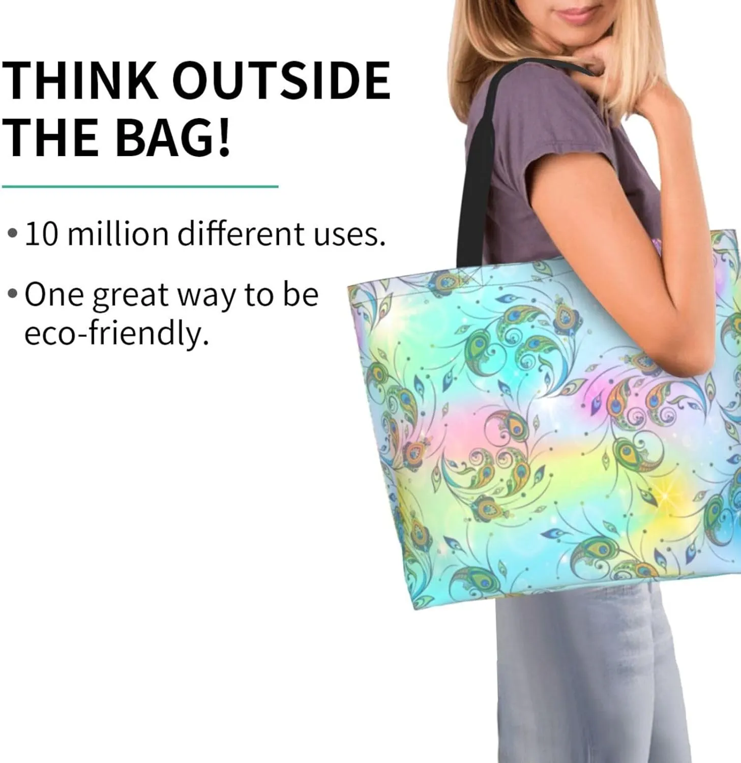 Peacock Canvas Tote Bag Womens Shoulder Bag Handbag Casual Grocery Bags Feather Bag for Outdoor