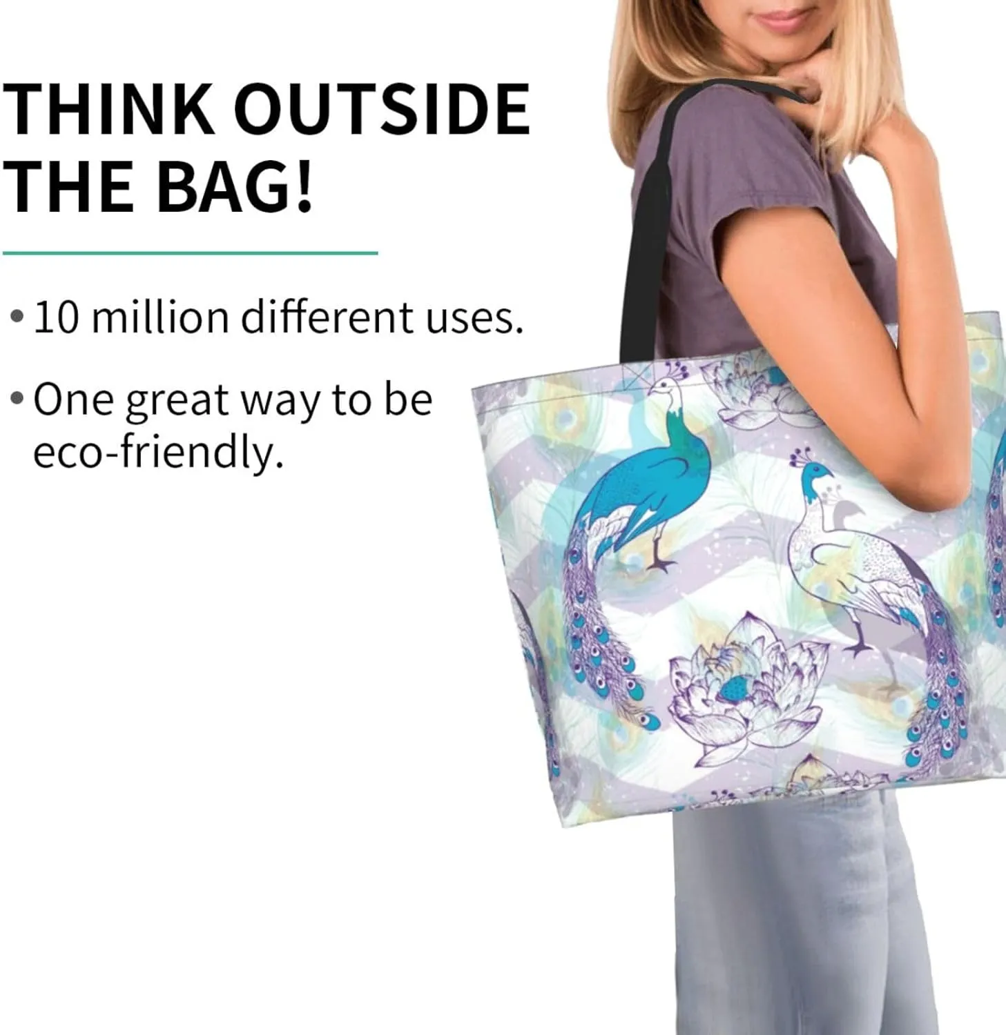 Peacock Canvas Tote Bag Womens Shoulder Bag Handbag Casual Grocery Bags Feather Bag for Outdoor