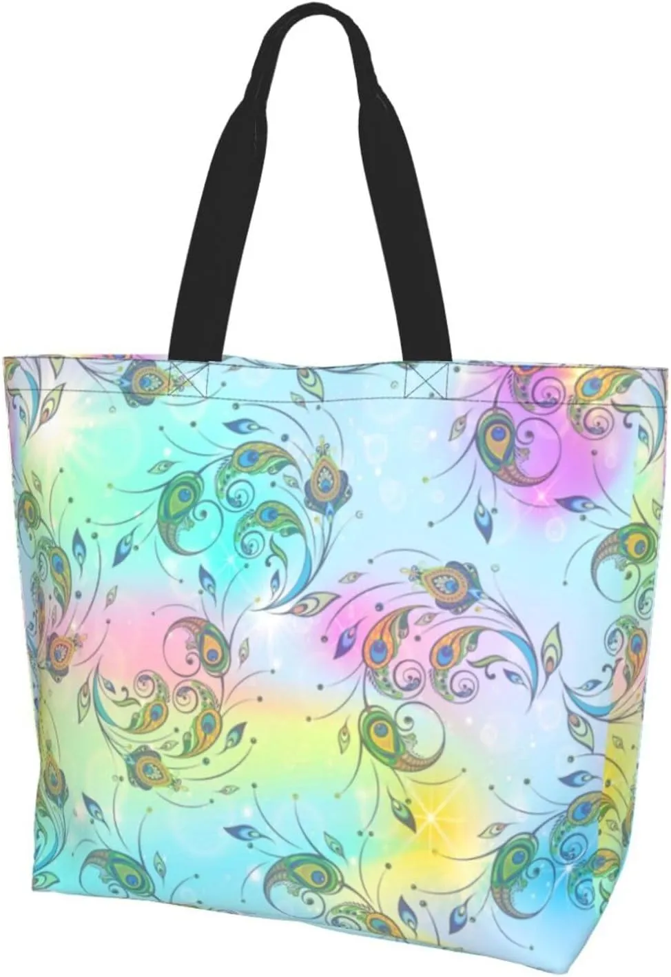 Peacock Canvas Tote Bag Womens Shoulder Bag Handbag Casual Grocery Bags Feather Bag for Outdoor