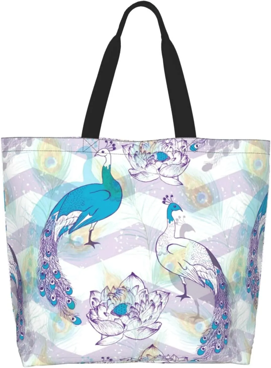 Peacock Canvas Tote Bag Womens Shoulder Bag Handbag Casual Grocery Bags Feather Bag for Outdoor