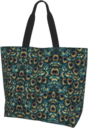 Peacock Canvas Tote Bag Womens Shoulder Bag Handbag Casual Grocery Bags Feather Bag for Outdoor