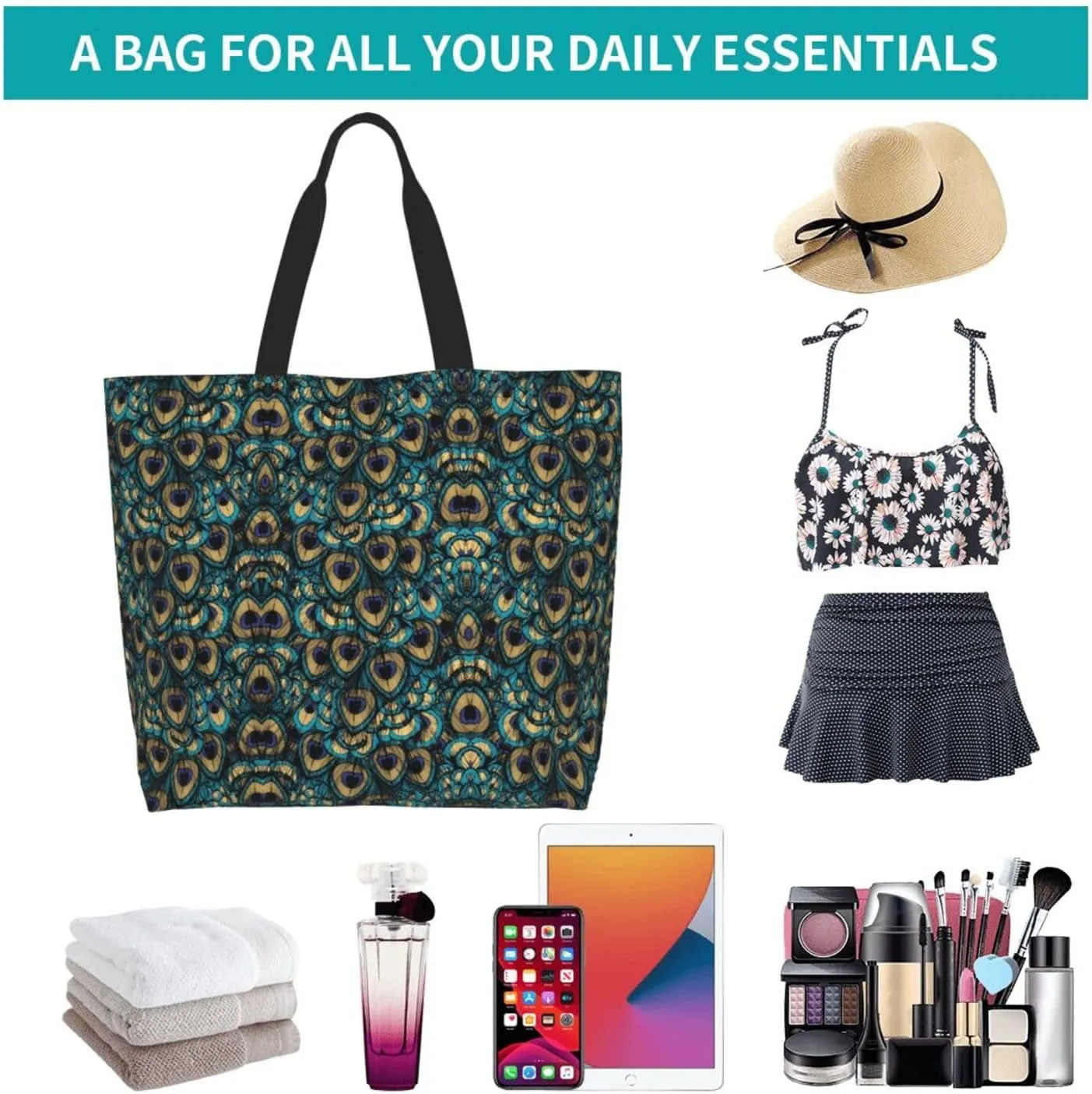 Peacock Canvas Tote Bag Womens Shoulder Bag Handbag Casual Grocery Bags Feather Bag for Outdoor