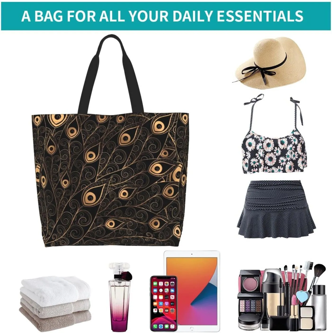 Peacock Canvas Tote Bag Womens Shoulder Bag Handbag Casual Grocery Bags Feather Bag for Outdoor