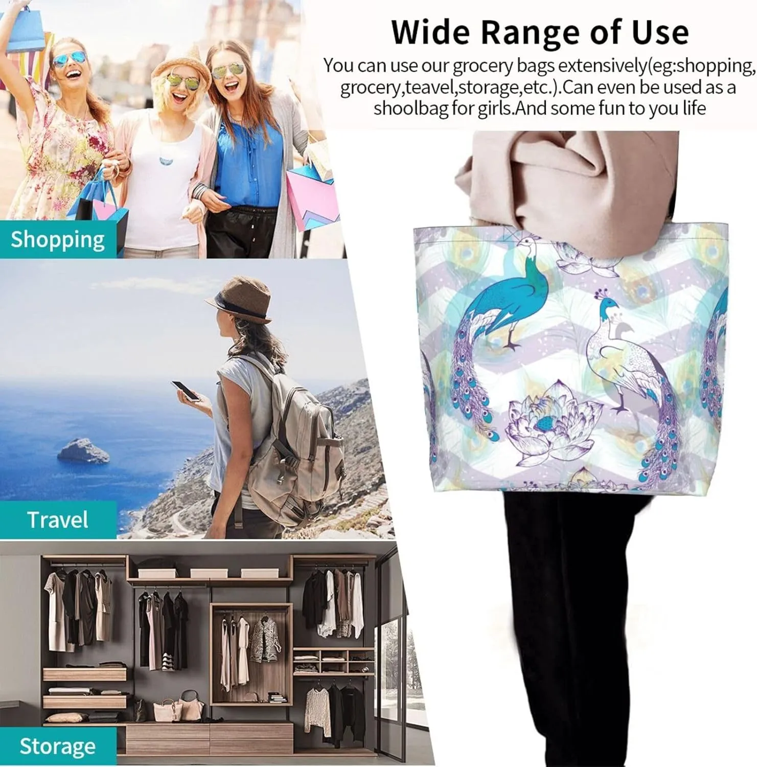 Peacock Canvas Tote Bag Womens Shoulder Bag Handbag Casual Grocery Bags Feather Bag for Outdoor