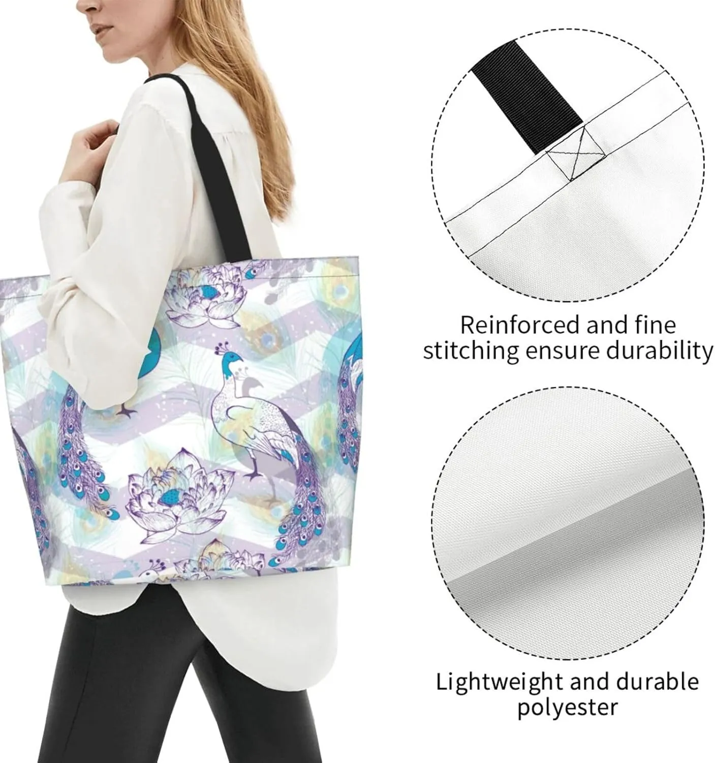 Peacock Canvas Tote Bag Womens Shoulder Bag Handbag Casual Grocery Bags Feather Bag for Outdoor