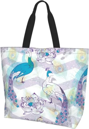 Peacock Canvas Tote Bag Womens Shoulder Bag Handbag Casual Grocery Bags Feather Bag for Outdoor