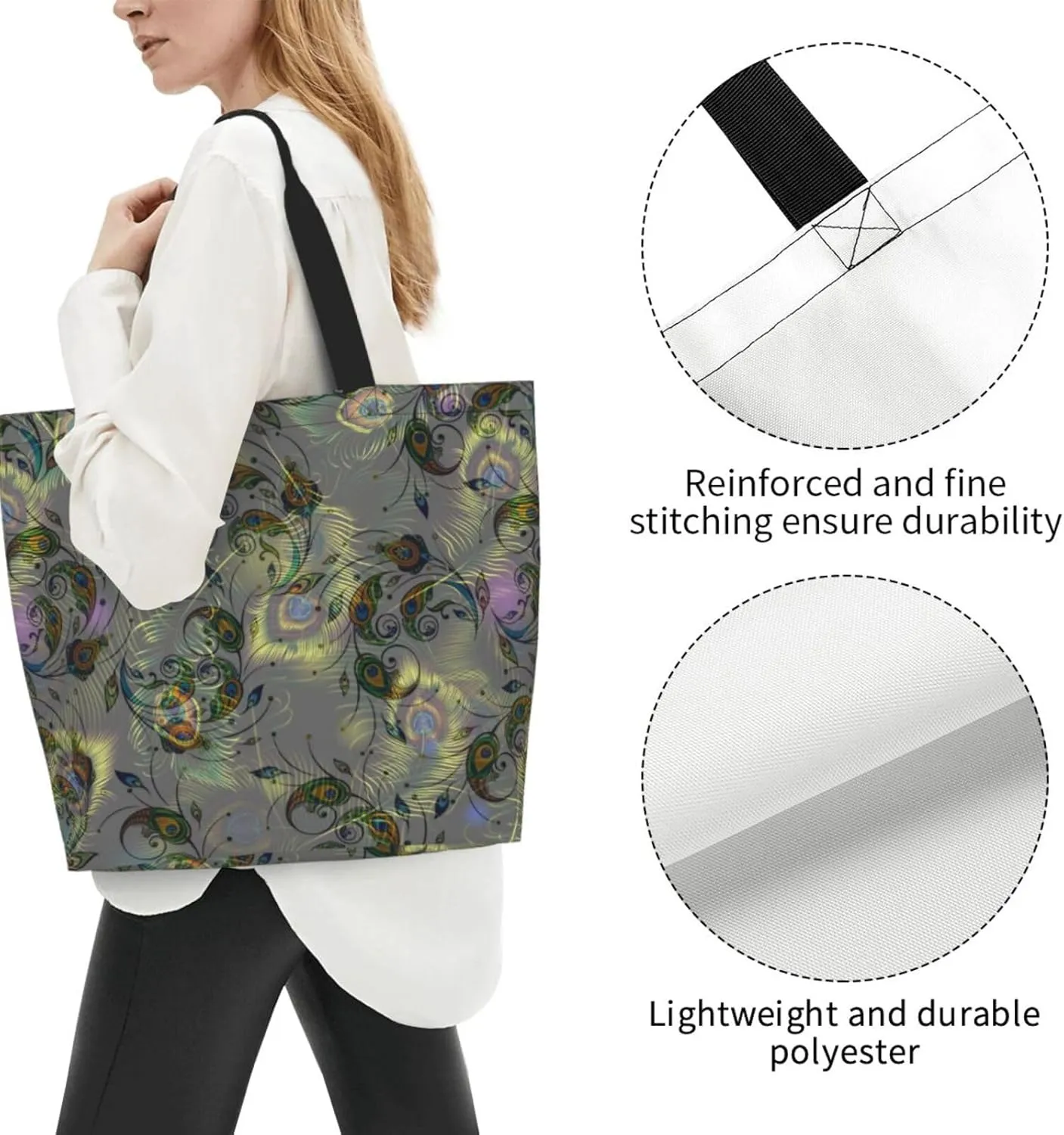 Peacock Canvas Tote Bag Womens Shoulder Bag Handbag Casual Grocery Bags Feather Bag for Outdoor