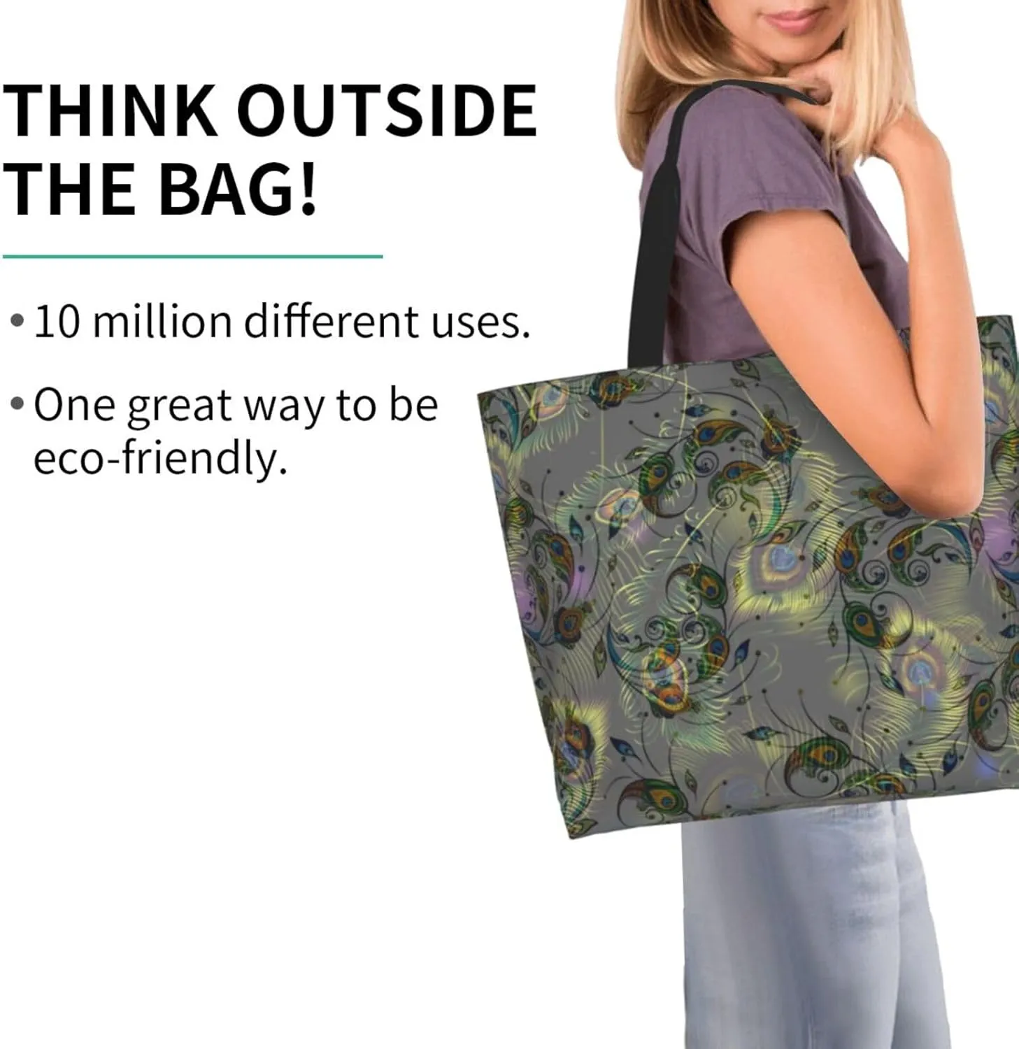 Peacock Canvas Tote Bag Womens Shoulder Bag Handbag Casual Grocery Bags Feather Bag for Outdoor