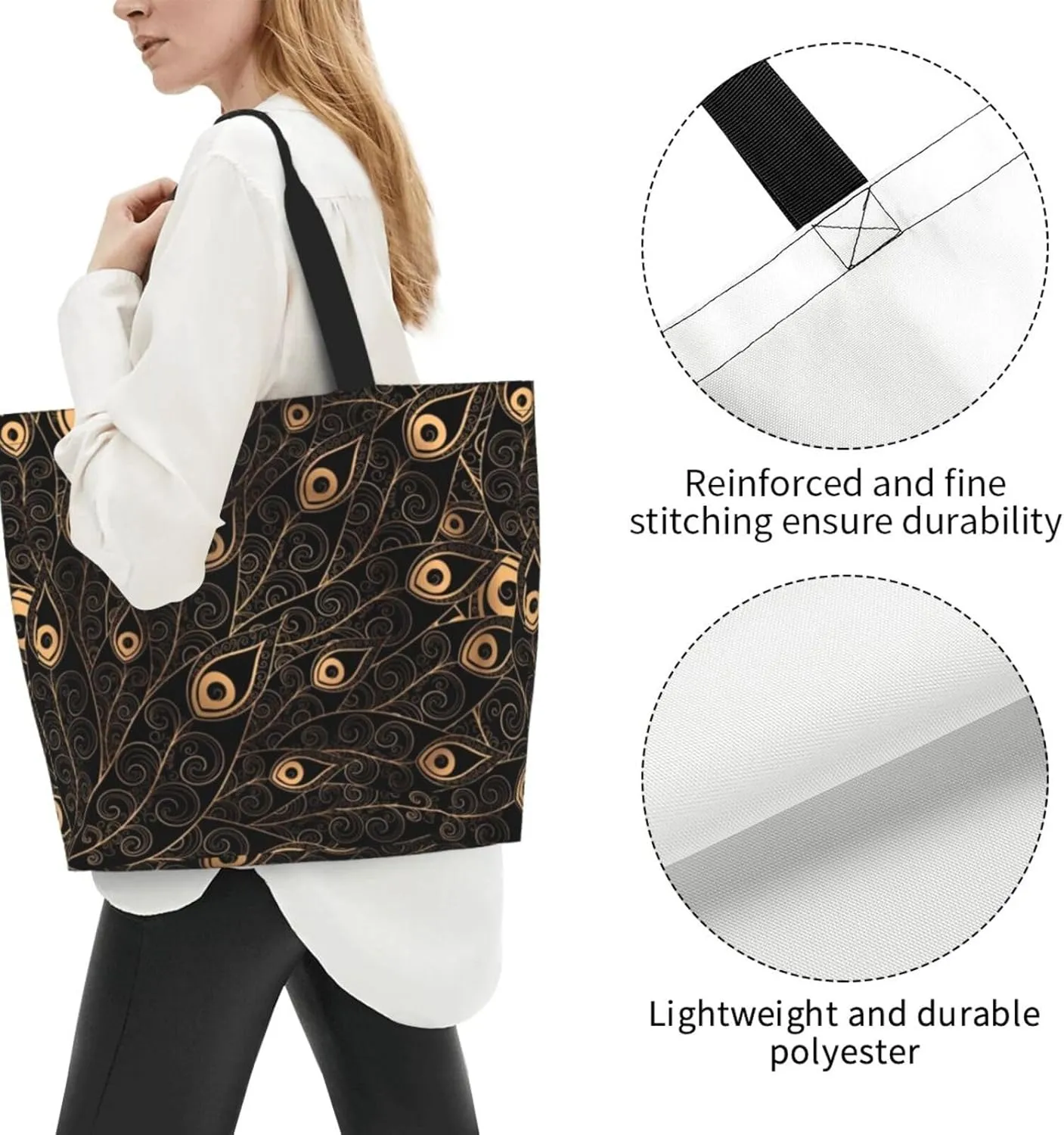 Peacock Canvas Tote Bag Womens Shoulder Bag Handbag Casual Grocery Bags Feather Bag for Outdoor