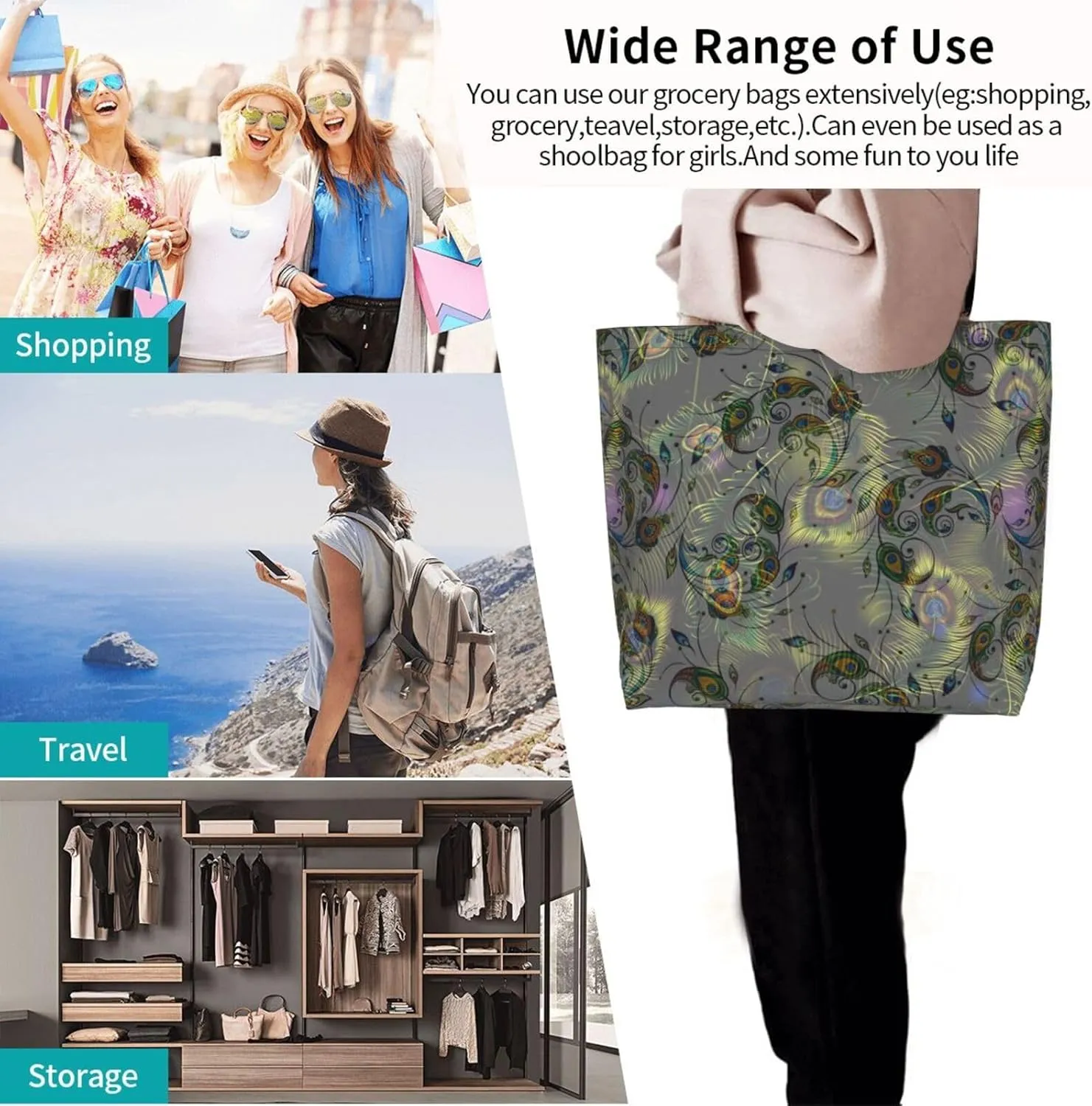 Peacock Canvas Tote Bag Womens Shoulder Bag Handbag Casual Grocery Bags Feather Bag for Outdoor