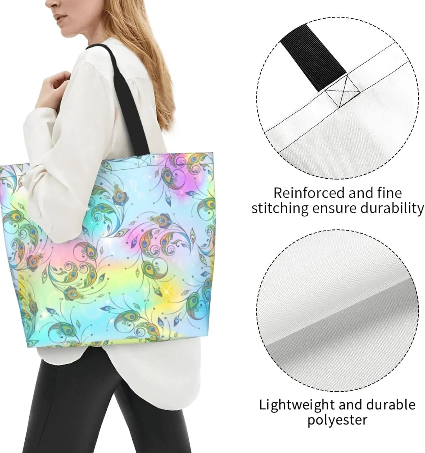 Peacock Canvas Tote Bag Womens Shoulder Bag Handbag Casual Grocery Bags Feather Bag for Outdoor