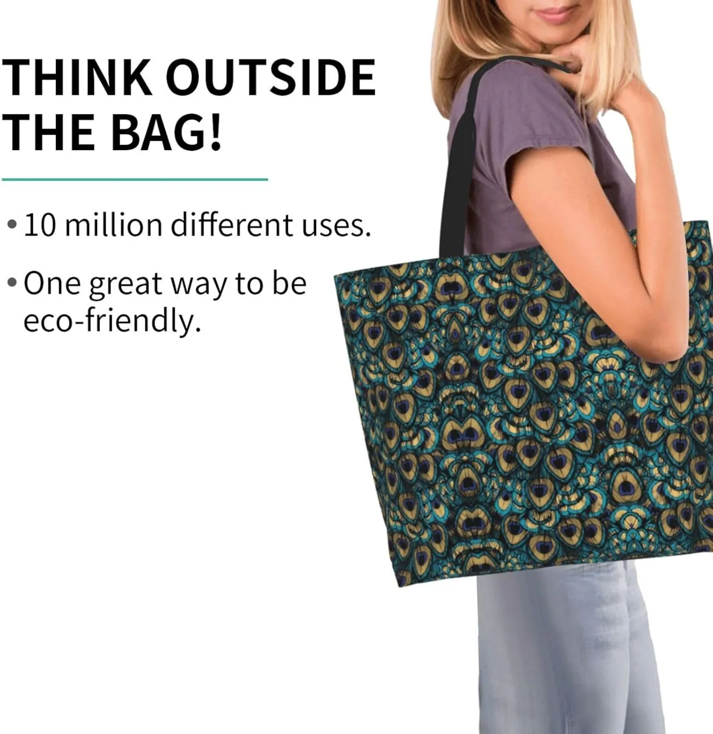 Peacock Canvas Tote Bag Womens Shoulder Bag Handbag Casual Grocery Bags Feather Bag for Outdoor