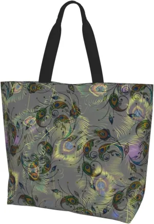 Peacock Canvas Tote Bag Womens Shoulder Bag Handbag Casual Grocery Bags Feather Bag for Outdoor