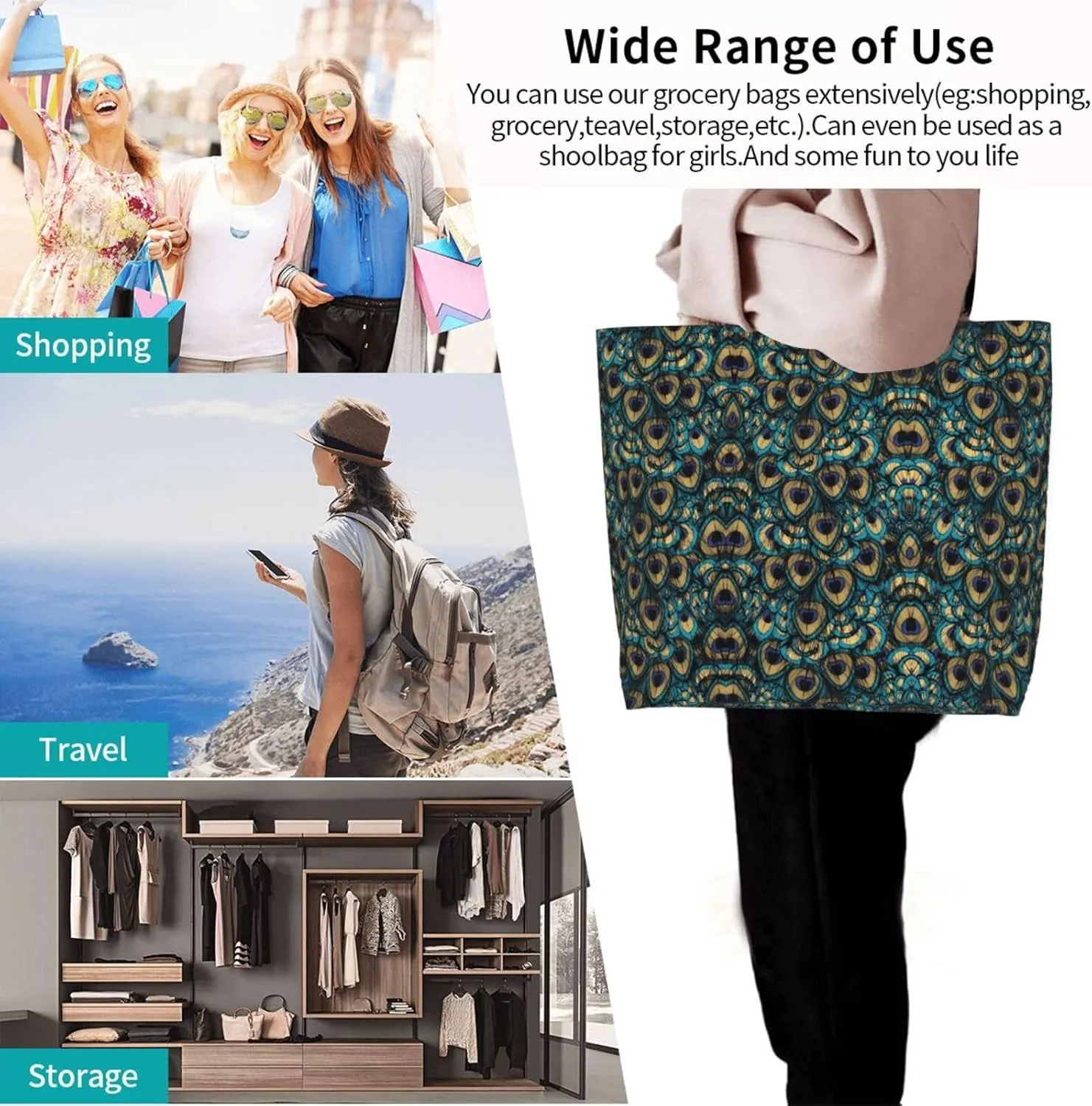 Peacock Canvas Tote Bag Womens Shoulder Bag Handbag Casual Grocery Bags Feather Bag for Outdoor