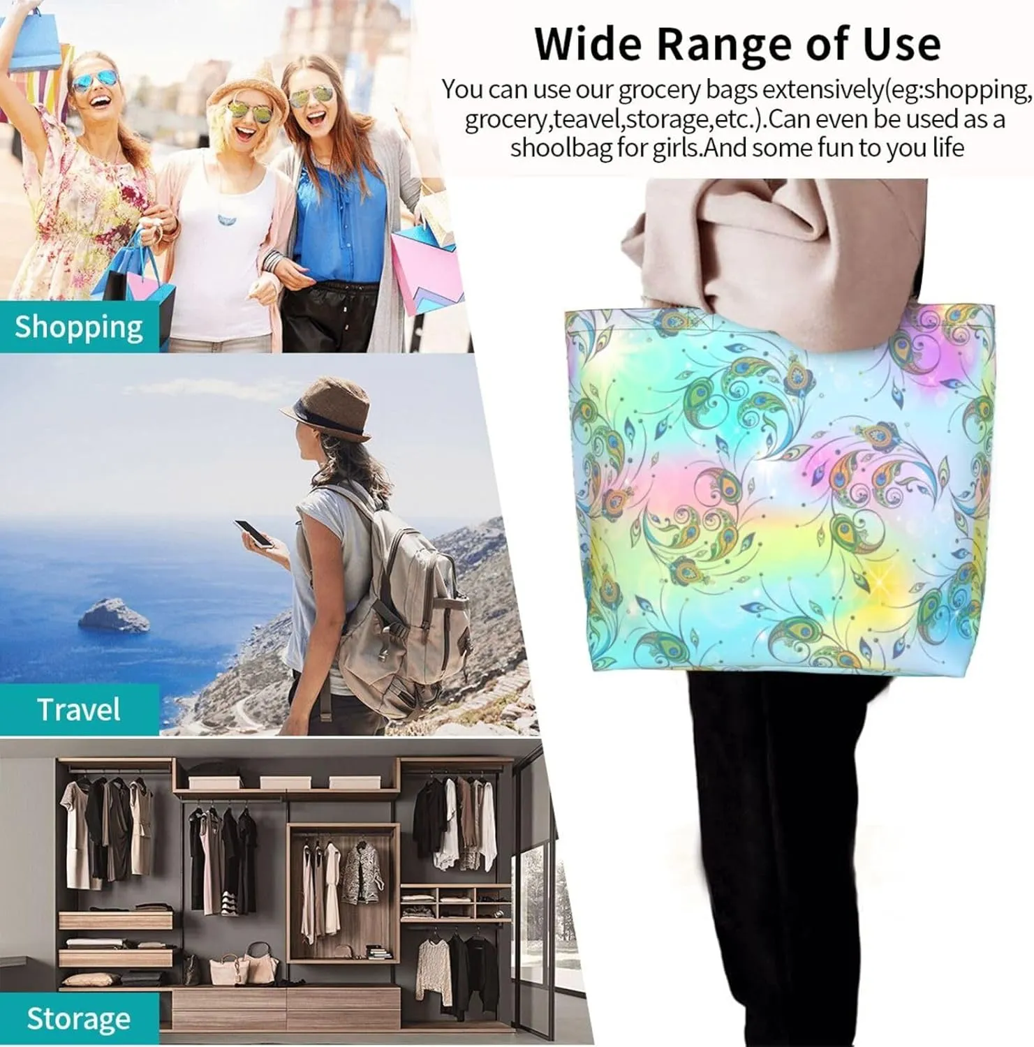 Peacock Canvas Tote Bag Womens Shoulder Bag Handbag Casual Grocery Bags Feather Bag for Outdoor