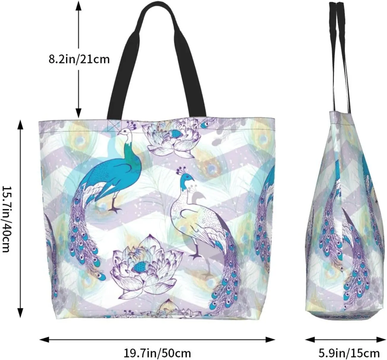 Peacock Canvas Tote Bag Womens Shoulder Bag Handbag Casual Grocery Bags Feather Bag for Outdoor