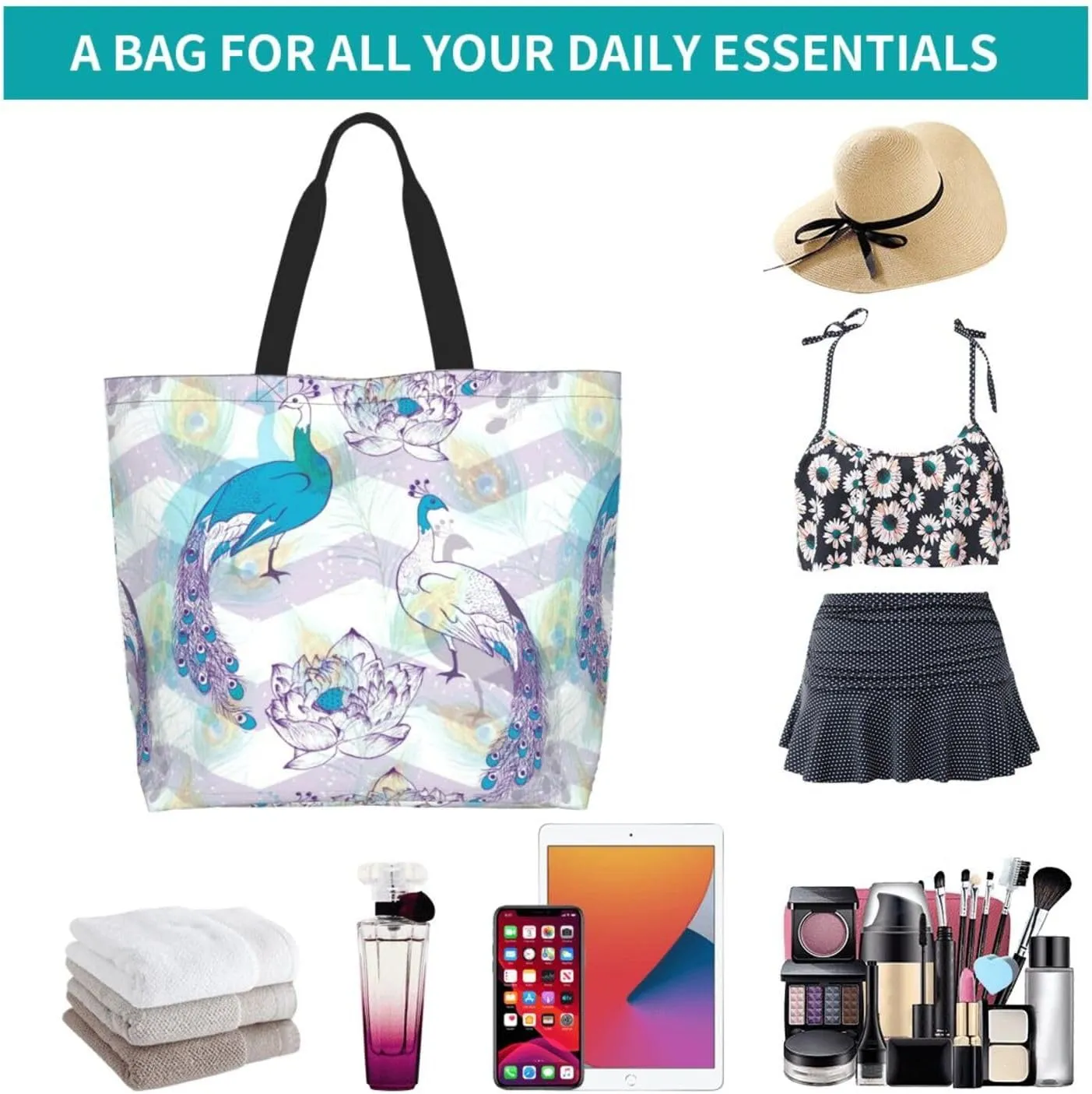 Peacock Canvas Tote Bag Womens Shoulder Bag Handbag Casual Grocery Bags Feather Bag for Outdoor