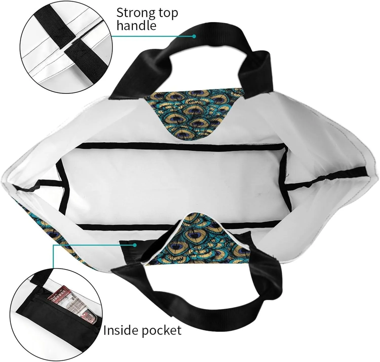 Peacock Canvas Tote Bag Womens Shoulder Bag Handbag Casual Grocery Bags Feather Bag for Outdoor