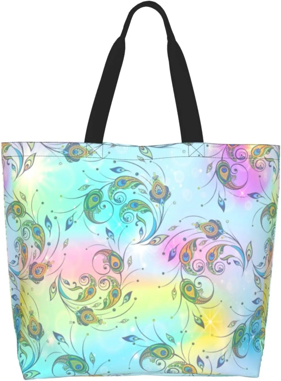 Peacock Canvas Tote Bag Womens Shoulder Bag Handbag Casual Grocery Bags Feather Bag for Outdoor