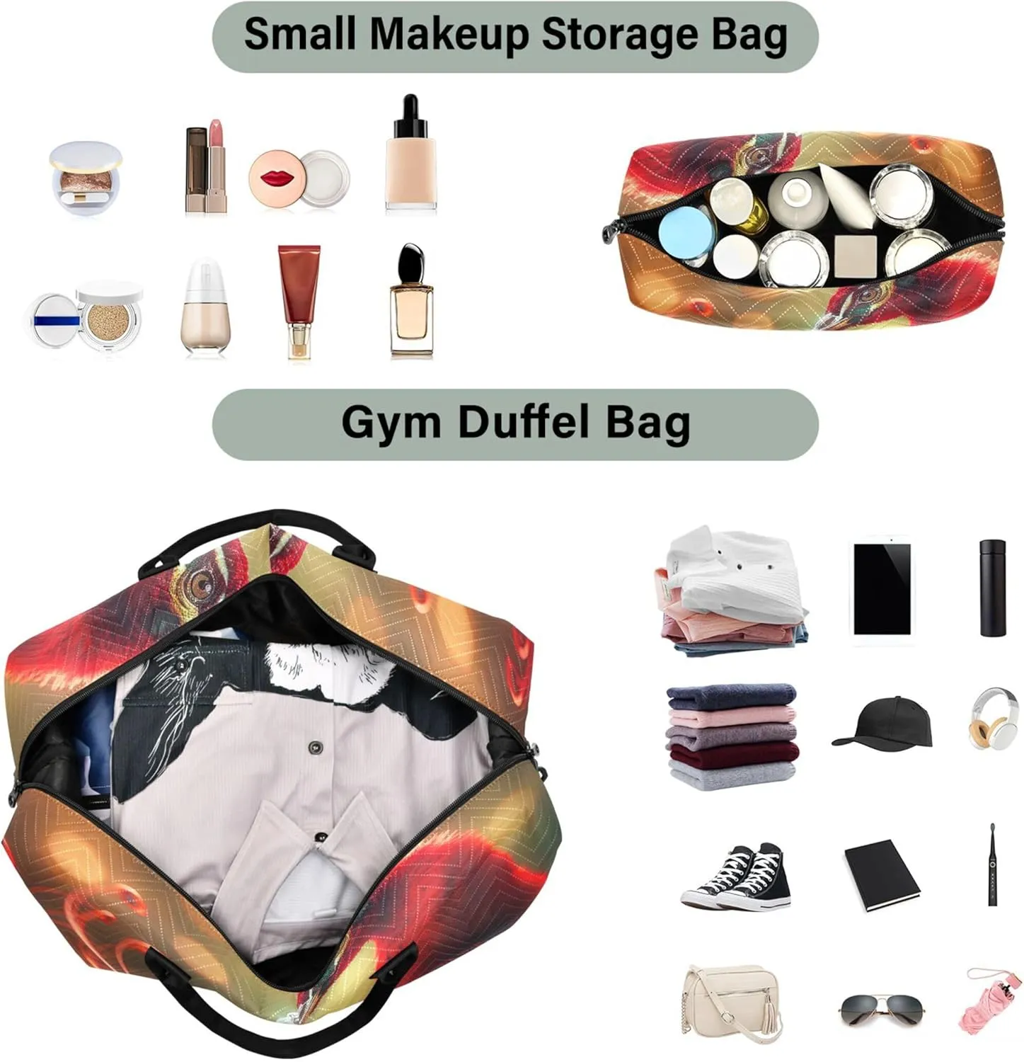 Peacock Feather Cute Travel Duffel Bag Toiletry Pouches Set of 2, Cartoon Women Luggage Bag Overnight Bag