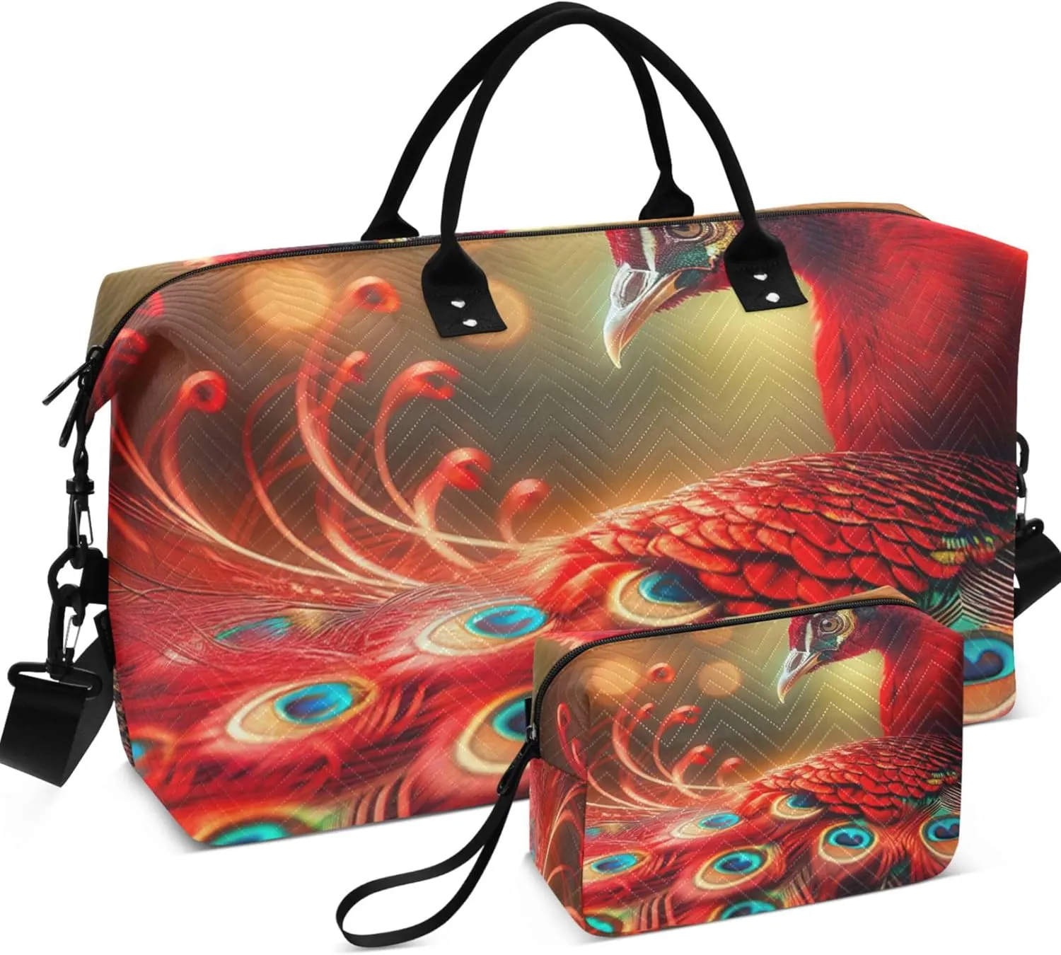 Peacock Feather Cute Travel Duffel Bag Toiletry Pouches Set of 2, Cartoon Women Luggage Bag Overnight Bag