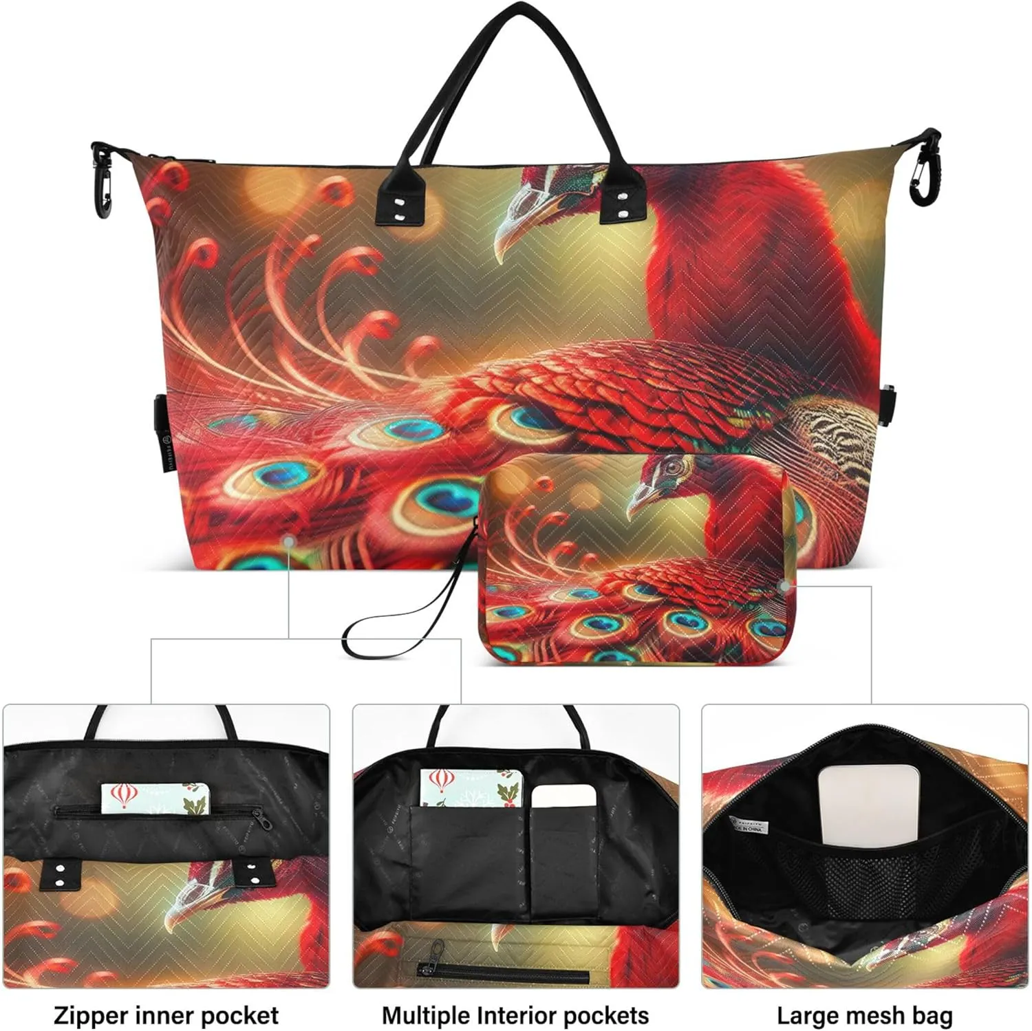 Peacock Feather Cute Travel Duffel Bag Toiletry Pouches Set of 2, Cartoon Women Luggage Bag Overnight Bag